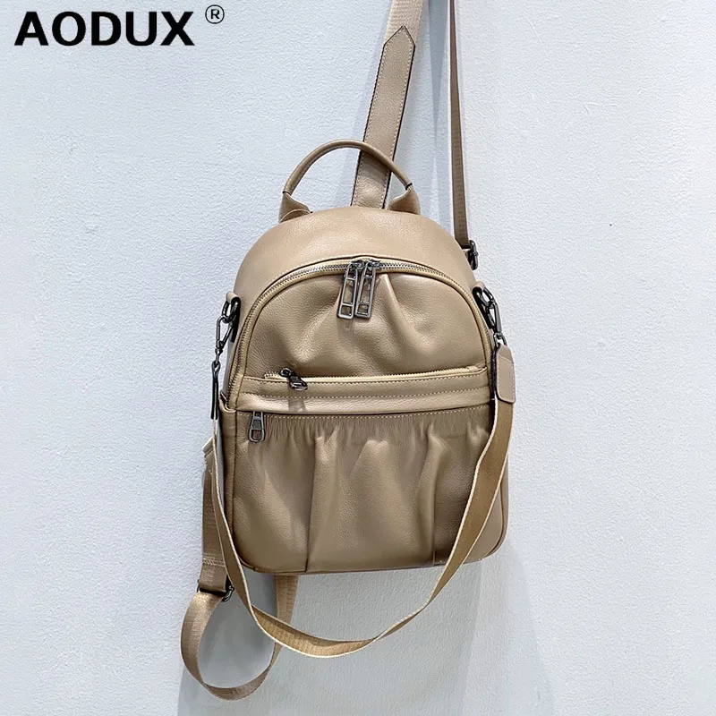 

AODUX 100% Genuine Cow Leather Calfskin Women Girl Backpacks Best Quality Cowhide Dual Function Backpack One-Shoulder Bags