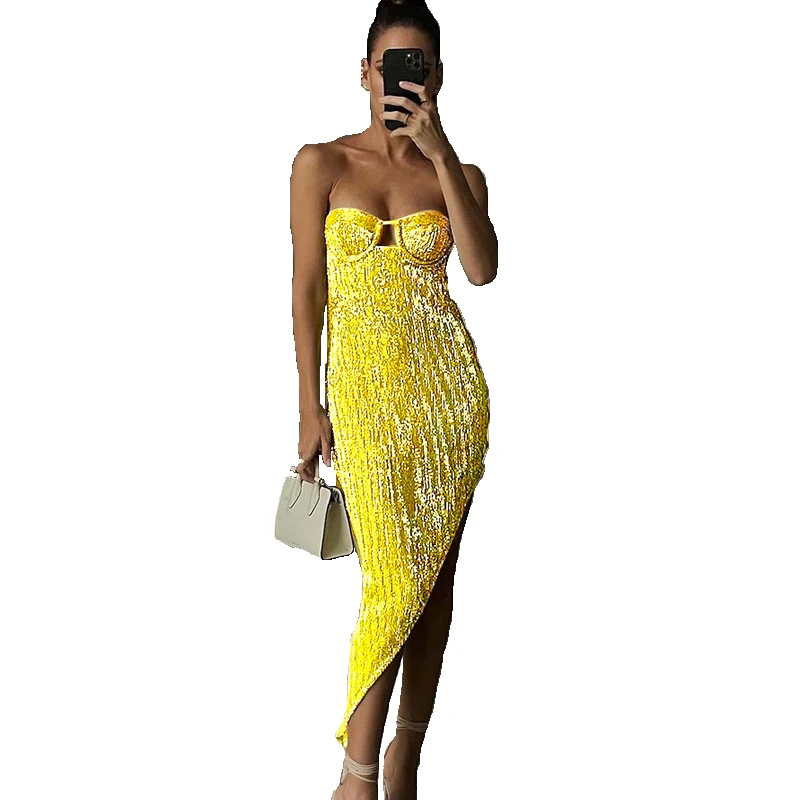 

Женское облегающее платье-миди без рукавов, с открытой спиной и Боковым Разрезом, украшенное блестками, одежда для клувечерние Y2K