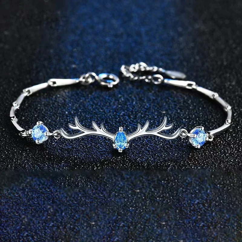 

925 Sterling Silver Blue Deer Sapphire Zircon Bracelet For Women Lucky Jewelry Charm Adjustable Birthday Gift Misfrss