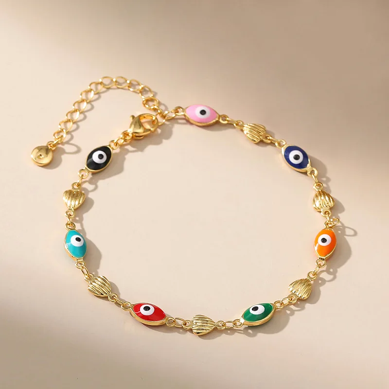 

18KGF Stainless Steel Bracelets For Men Women Jewelry Gold Color Link Chain Multicolor Evil Eye Enamel Anklet