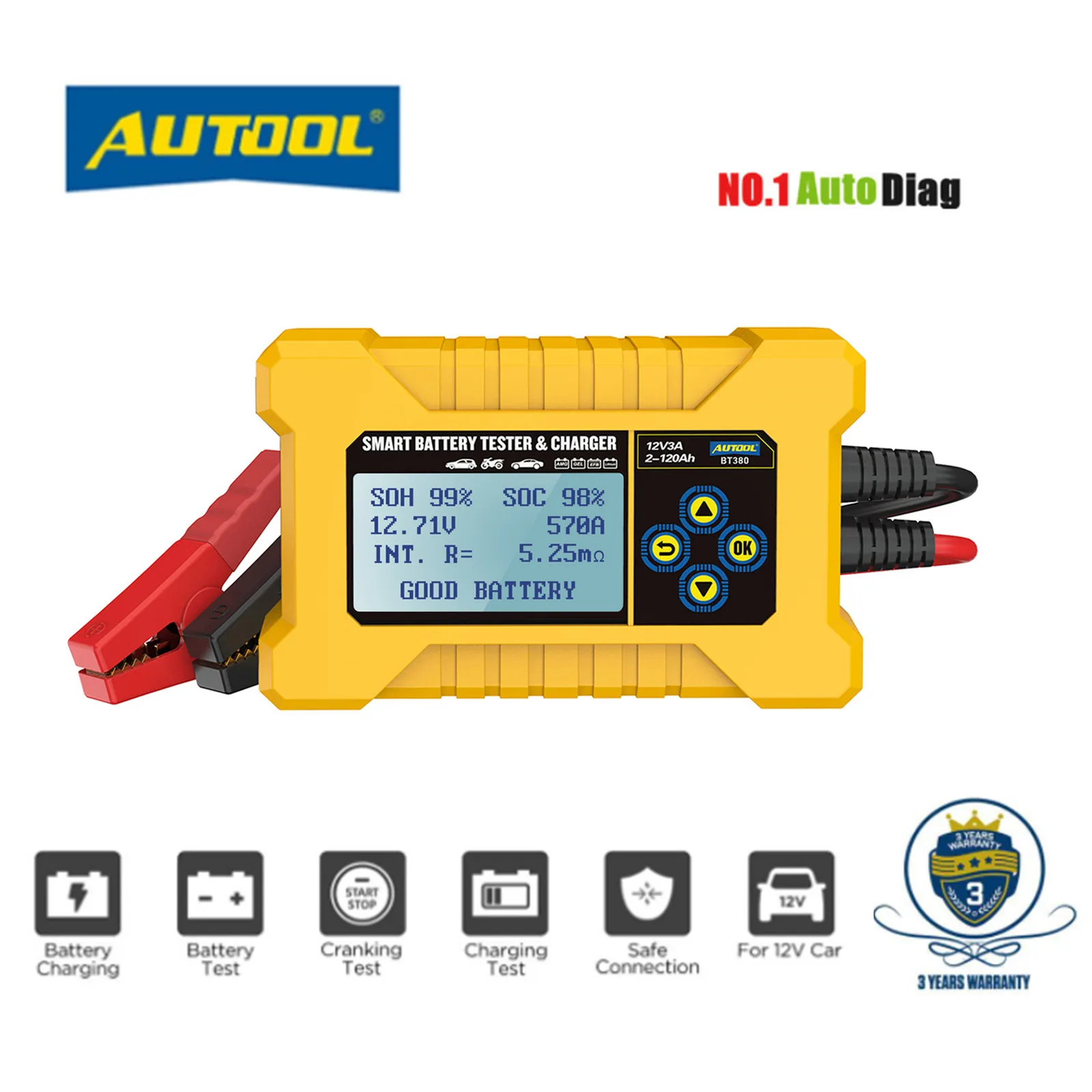 2 в 1, автомобильный тестер аккумулятора AUTOOL BT380 12 В