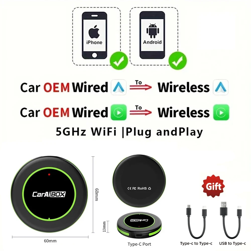 

CarAIBOX 2in1 Беспроводной адаптер CarPlay Беспроводная Android Auto Box для автомобильного радио с проводным CarPlay
