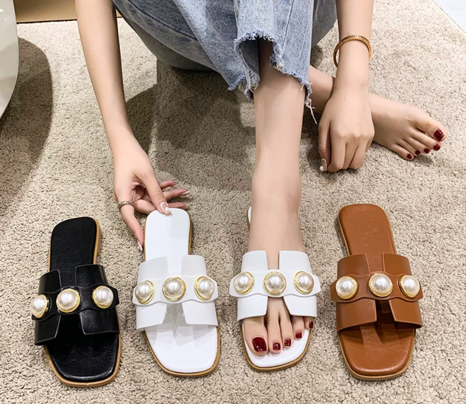 Slippers Women's 2022 new flat shoes Party shoes Fashion pearl sandals Slippers Roman women's casual beach shoes Fashion shoes
