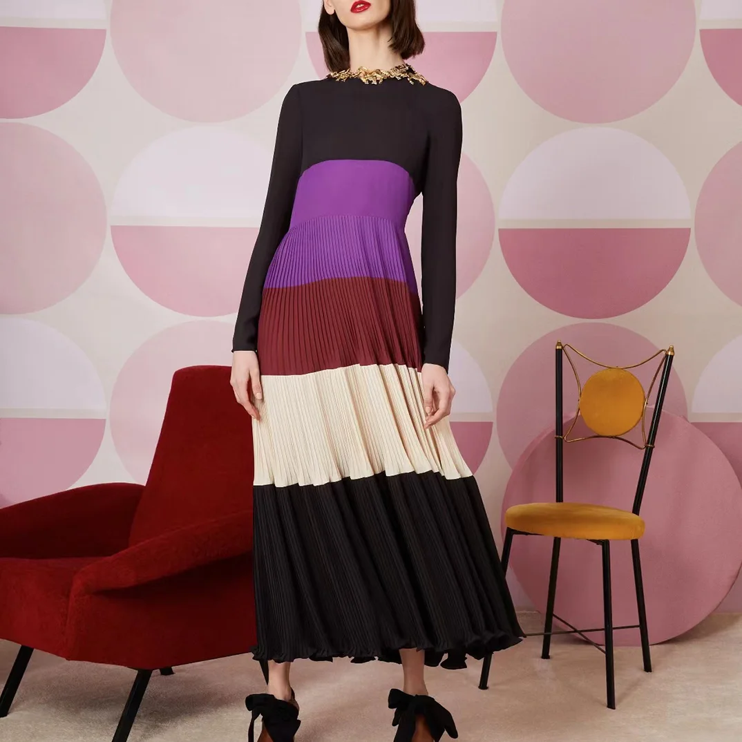 

Classical Style Mini Dress Women New 2022 Vintage Autumn Linen Silk Floral Print Gold Baroque Line Lantern Sleeve Lady Clothing