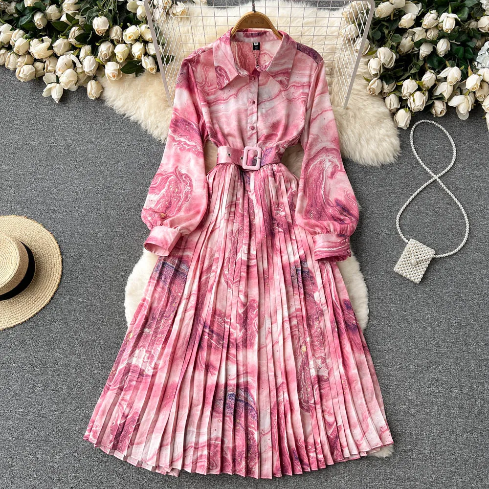 

Aibeautyer New Vintage Spring Autumn Floral Print Slim Button Lady Full Dress A Line Turndown Collar Chiffon Women Dresses