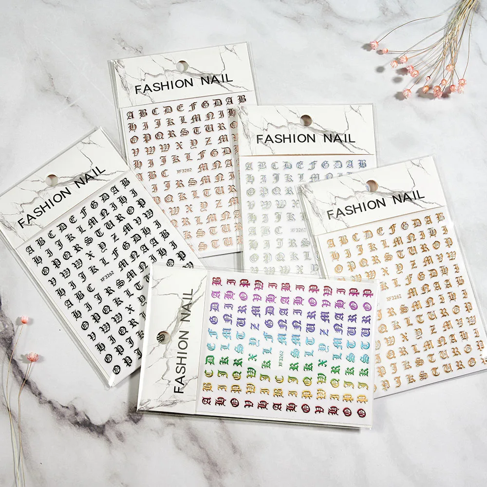 

1Sheet Old English Letter Design 3d Nail Decals Self-adhesive Alphabet Number Nail Stickers Color Gothic Letter Nail Slider 1#