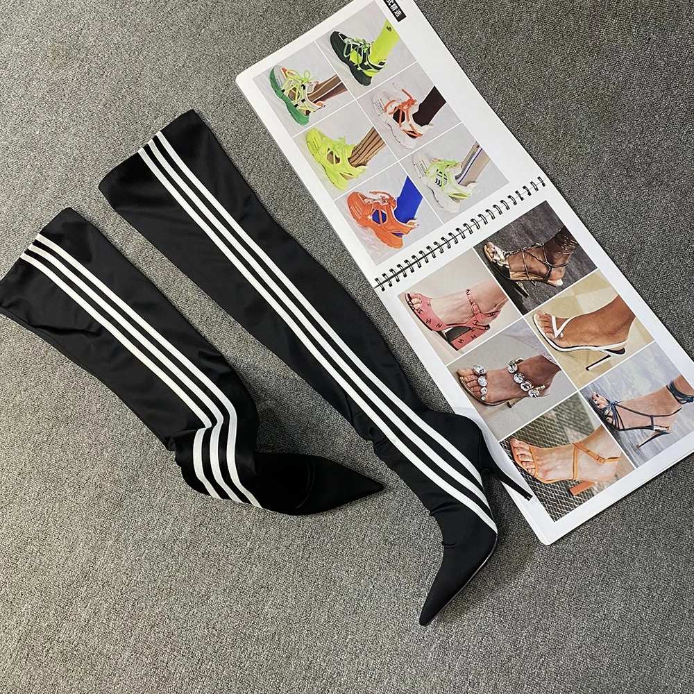 Skintight Stretch Wide Leg Fit Women's Super Long Boots Thigh High  Custom Booties 3 White Stripes Stiletto Heels Shoes