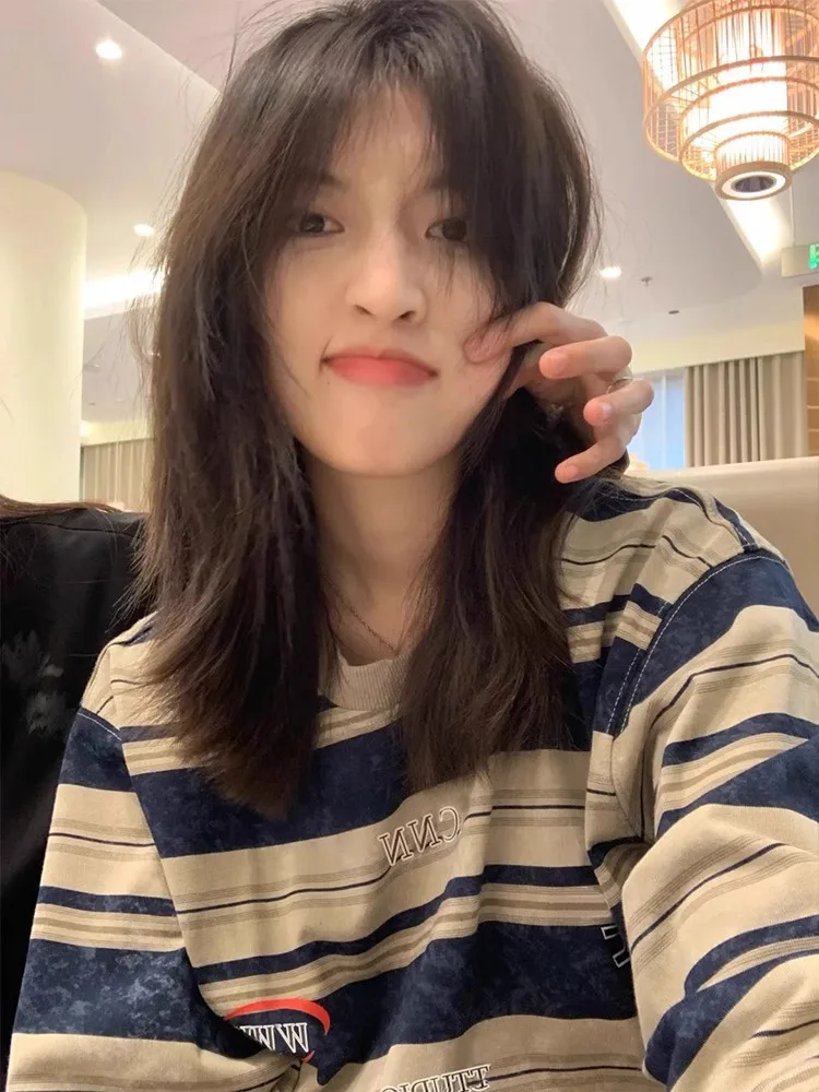 American vintage Stripe Shoulder Long sleeves Shirt Women Autumn Wear Loose Design Sense Korean Series Chic Top