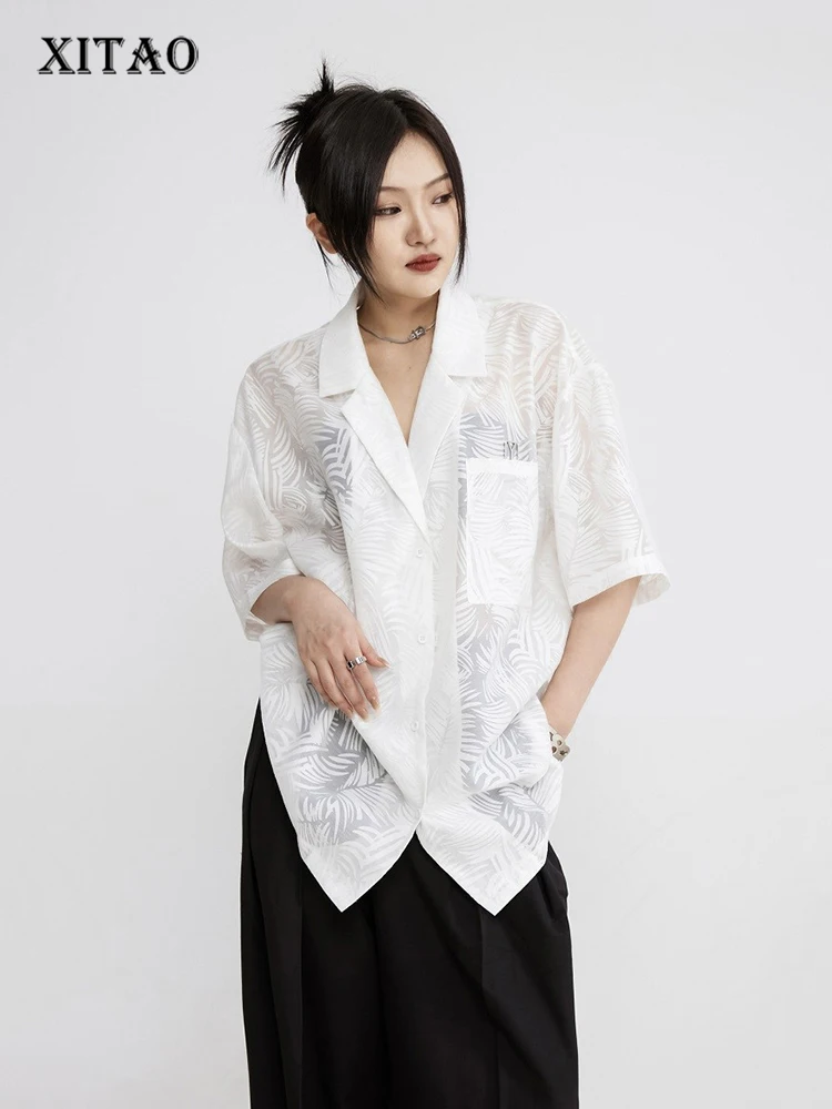 

XITAO Hollow Out Print Casual Women Shirt Loose Fashion Solid Color New Top 2022 Simplicty Temperament All-match WLD7962