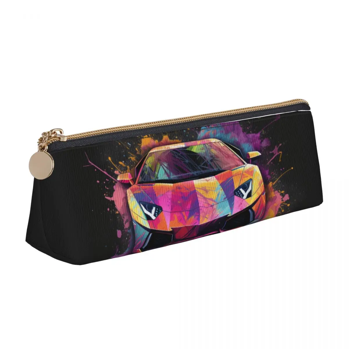 

Luxury Sports Car Triangle Pencil Case Grafitti Psychadelic Elementary School Big Pencil Box For Child Cool Leather Pen Bag