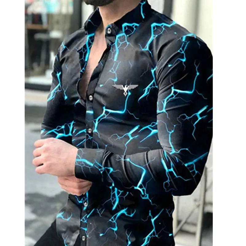 

Men's Spring Social Shirt Long-sleeved Lapel Print Top Street Wear Casual Cardigan Men's Luxury Evening Dress Shirt