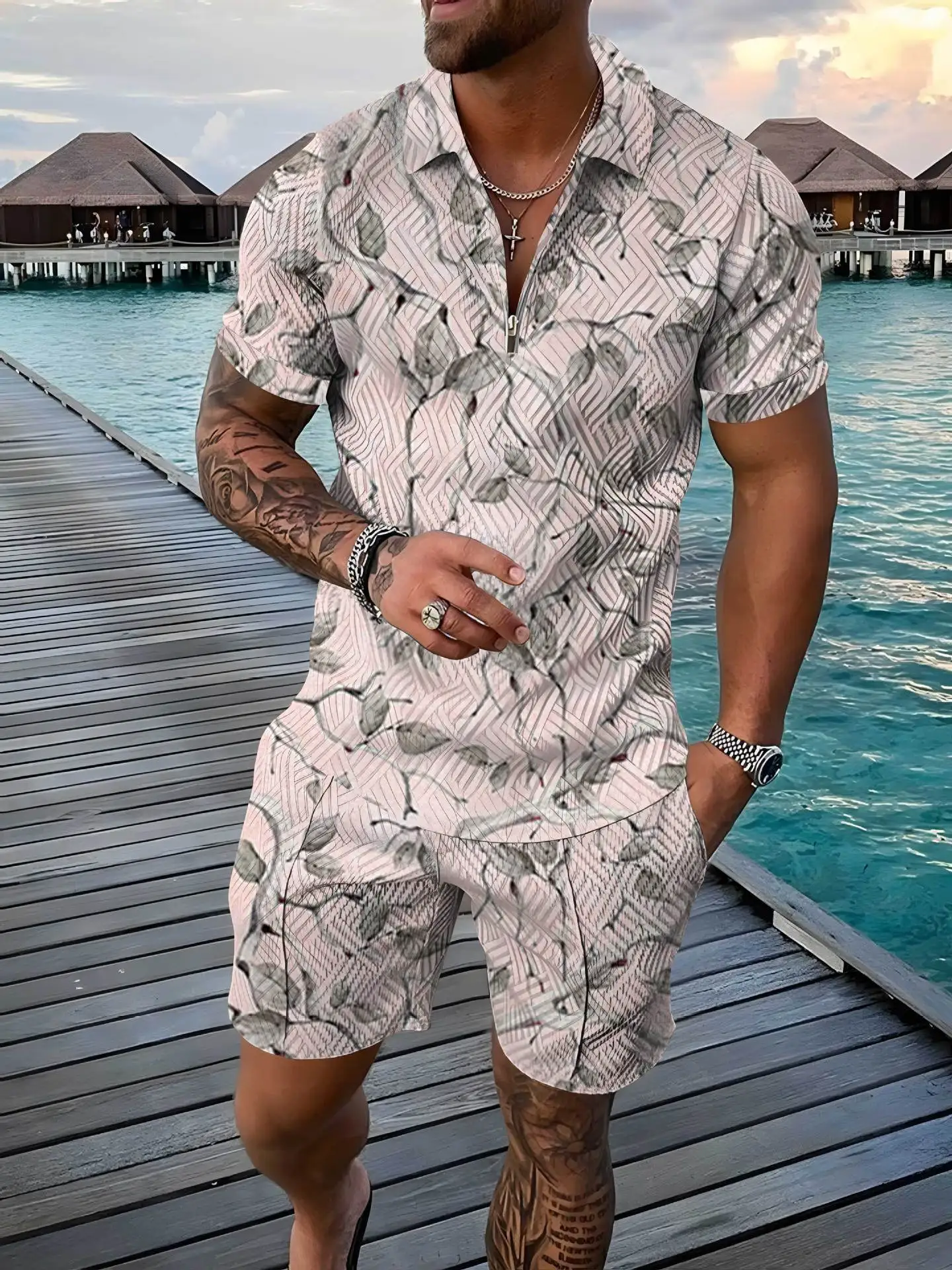 

2022 Polo Shirt Summer Men's Sports Suit Men's Short Sleeve Zipper Polo Shirt Shorts Suit 3D Floral Illustration