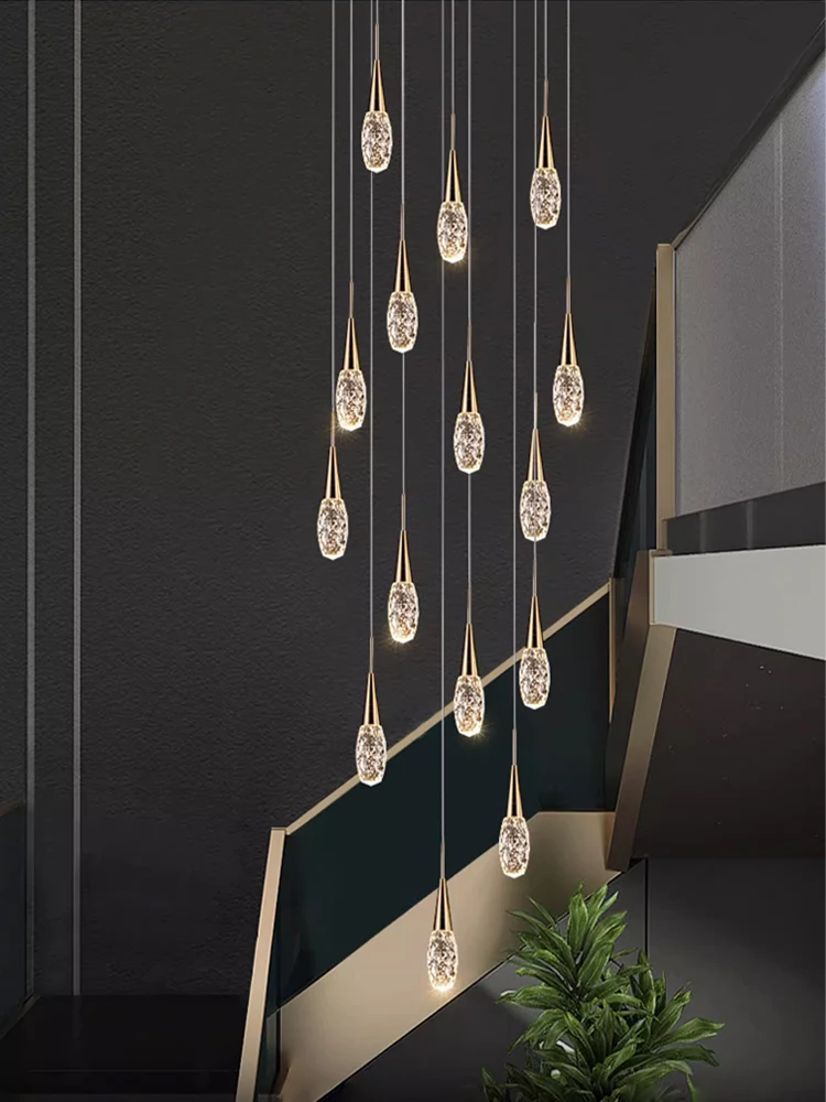 

Double staircase crystal chandelier modern light luxury living room water drop lamp villa apartment loft long pendant lights