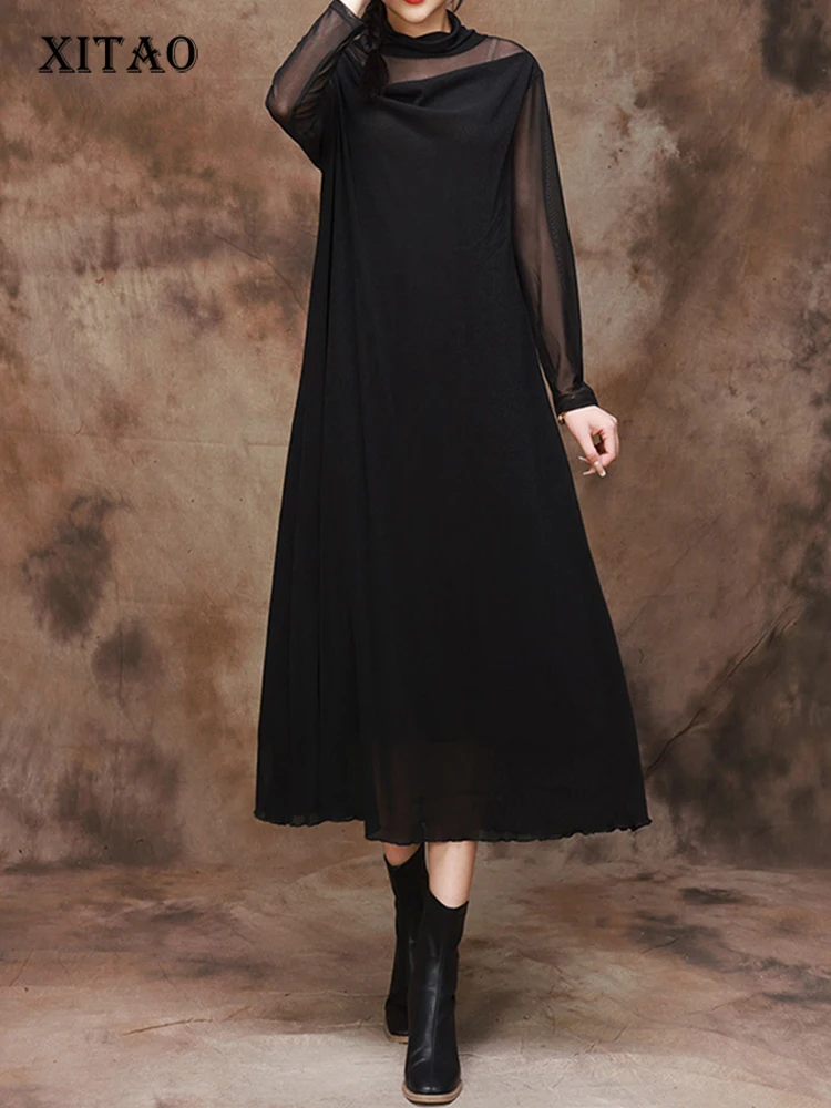 

XITAO, однотонное Повседневное платье для женщин, Корея, осень 2023, Новое поступление, индивидуальное модное свободное платье до середины икры с длинными рукавами, DMJ2058