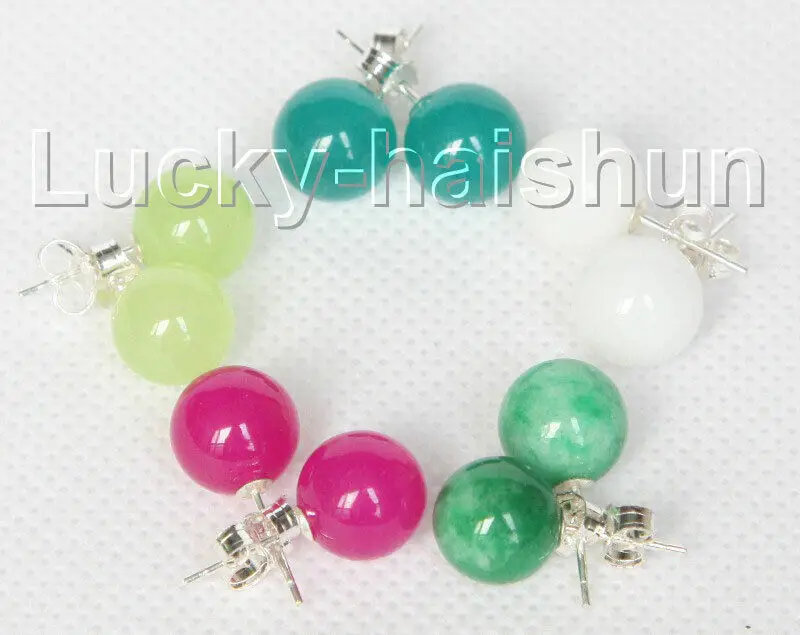 Серьги-гвоздики из натурального нефрита, 10 мм, 5 шт., белые, синие, зеленые, красные, 925sc j10371