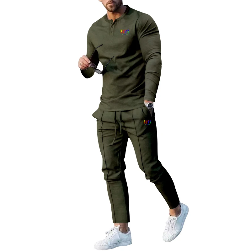 Spring and Autumn 2023 New Large Men's Solid Henley shirt Long Sleeve Pants Set Casual Fashion Comfortable Fit Fashion Spot