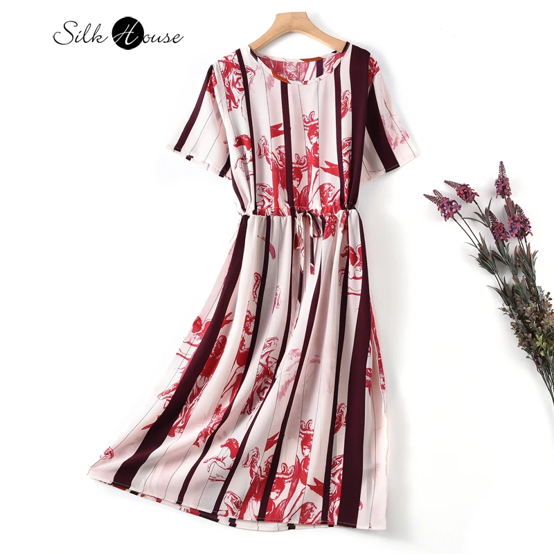 

2022 Women's Fashion Welfare Silk Dress Women's Slim Temperament In Summer Striped Printed Mulberry Silk Medium Length Dress