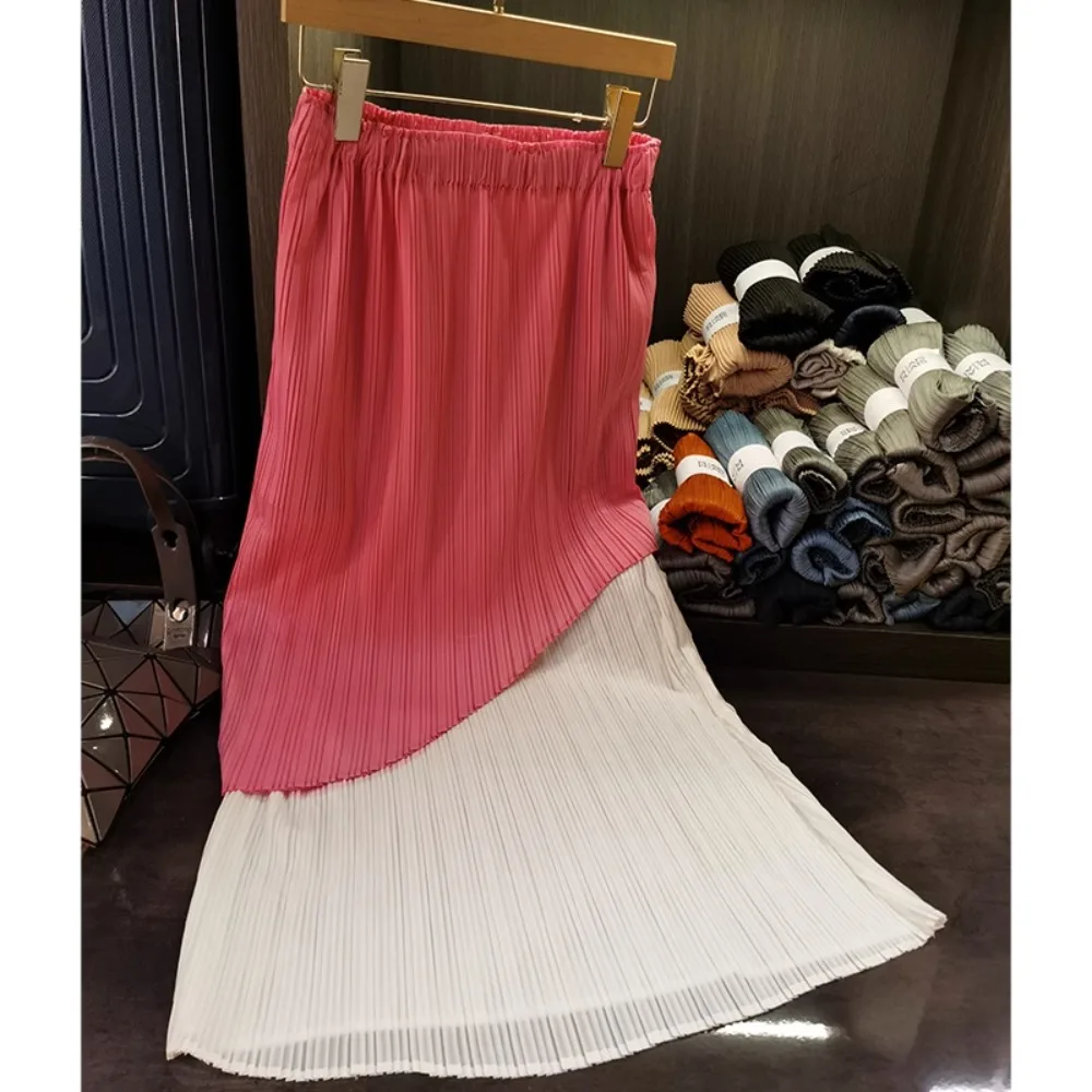 

Miyake Fashion Colorblocking Pleat Half-body Skirt 2023 New High-waisted A-line Long Skirt Casual Versatile Commuter Large Size