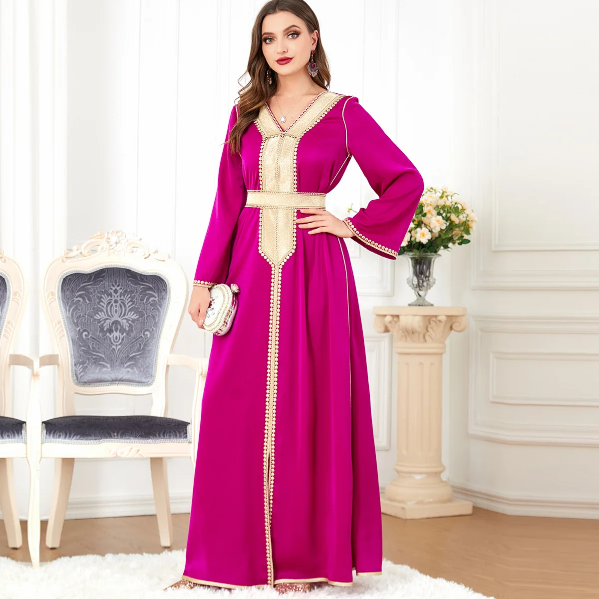 ICCLEK Purple Color Eid Dresses For Women Robe Longues Femmes Été Abaya Dubai Luxury Kaftan Muslim Abaya Moroccan