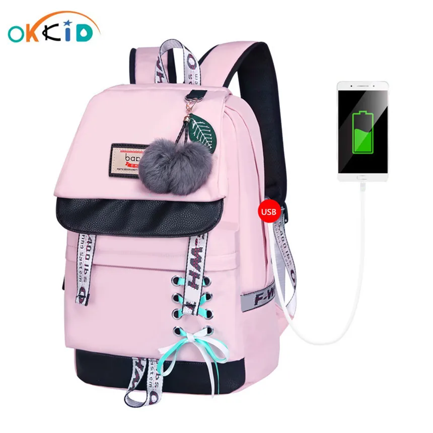 Школьный рюкзак для девочек OKKID, розовый, с бантом и меховым помпоном