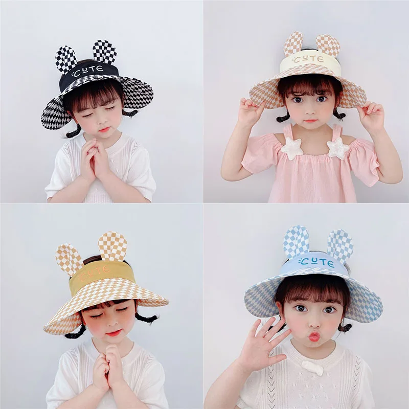 Summer Outdoor Kids Sun Hat Lattice Print Bucket Hat For Girls Big Brim Cotton UV Sunscreen Empty Top Sun Hat No Top Visor Caps