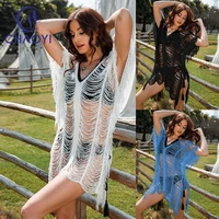 cc hollow out beach cover up women summer sexy tassels mini dress ladies v neck pullover see through beachwear vacation outfit