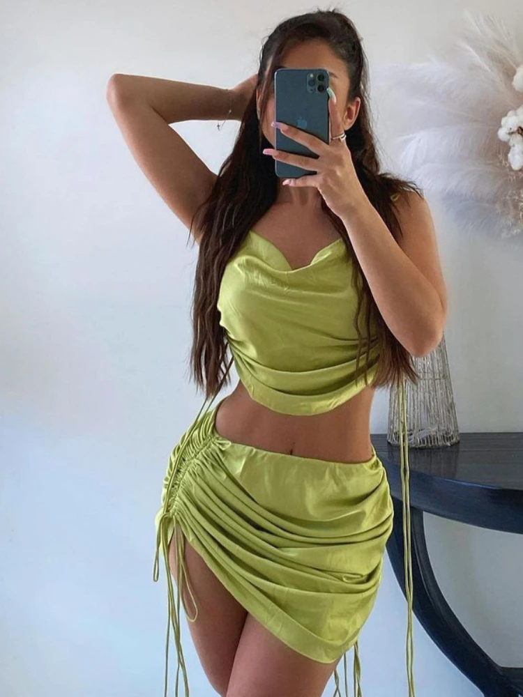 

Top and Skirt Set Strap Rave Festival Clothing Sling Party Outfits for Women Hip Wrap Night Club Outfit Folds Stylish Skirts