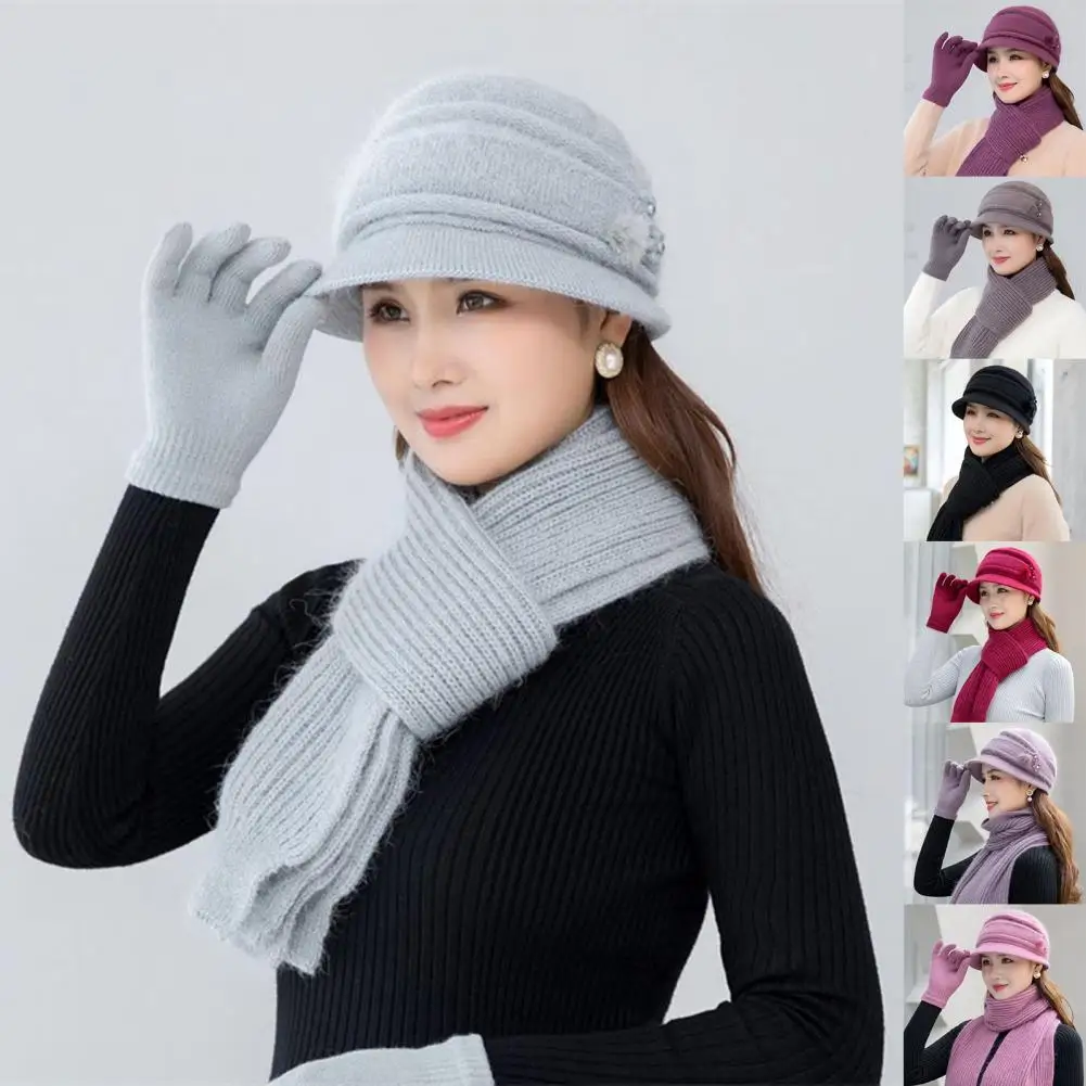 

1 Set Hat Scarf Gloves Non-allergenic Comfortable Thick Mother Beanie Cap Scarf Mittens for Daily