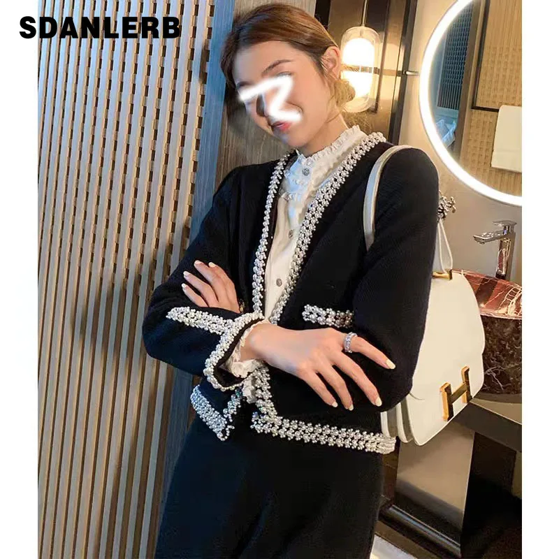 

Black Pearl Waist-Tight Woolen Short Coat Women's New Clothing French Heavy Industry Beads Socialite Long Sleeve Elegant Jacket