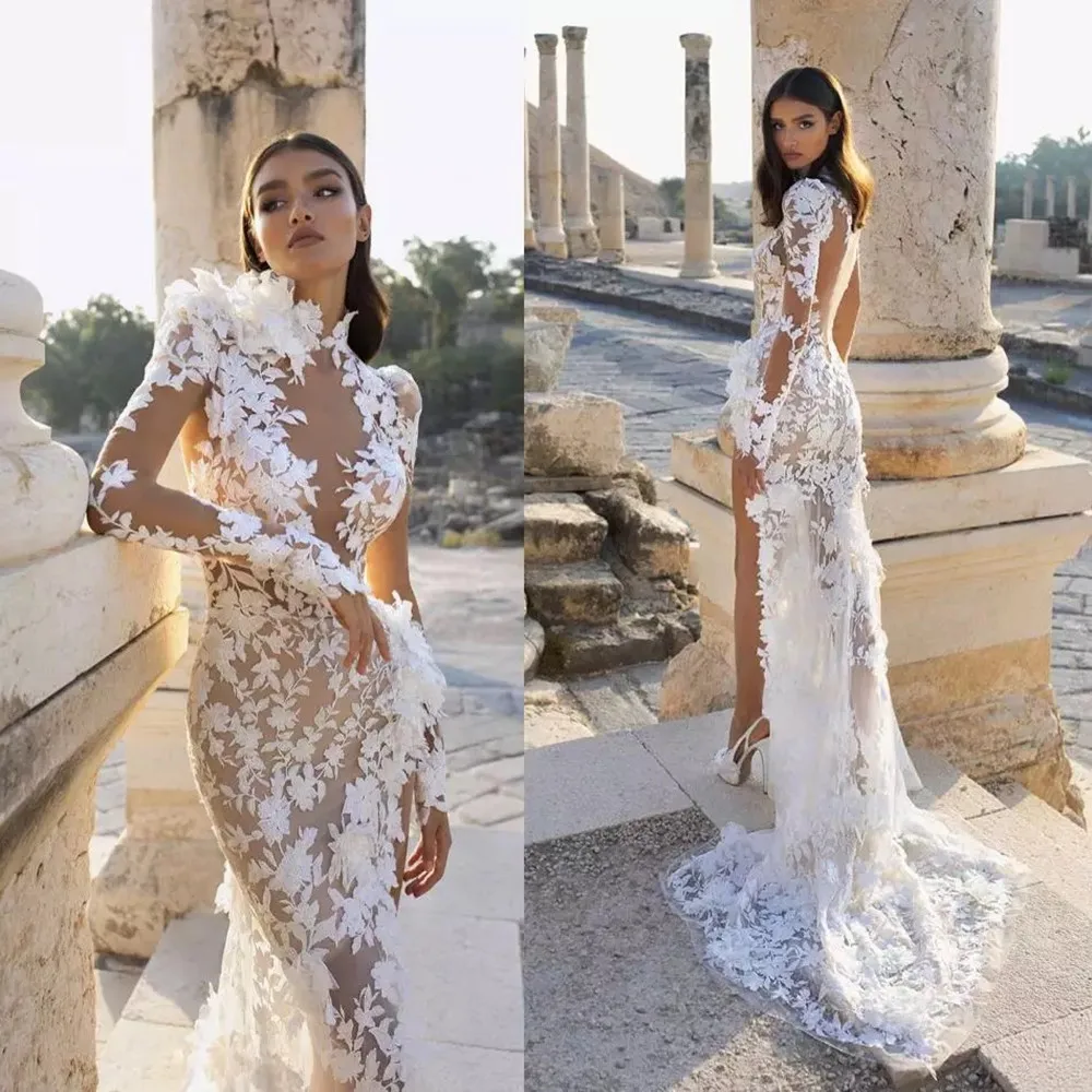 

Arabia Mermaid Wedding Dress 2022 High Collar Side Slit Illusion Lace Appliques Long Sleeve Sweep Train Boho Bridal Gown