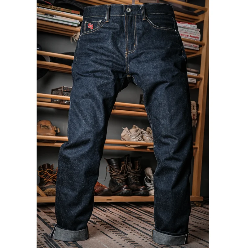 Simons  55501 Men Vintage Selvedge Denim Jeans High Waist Heavy 15ozRaw Denim pants Amekaji