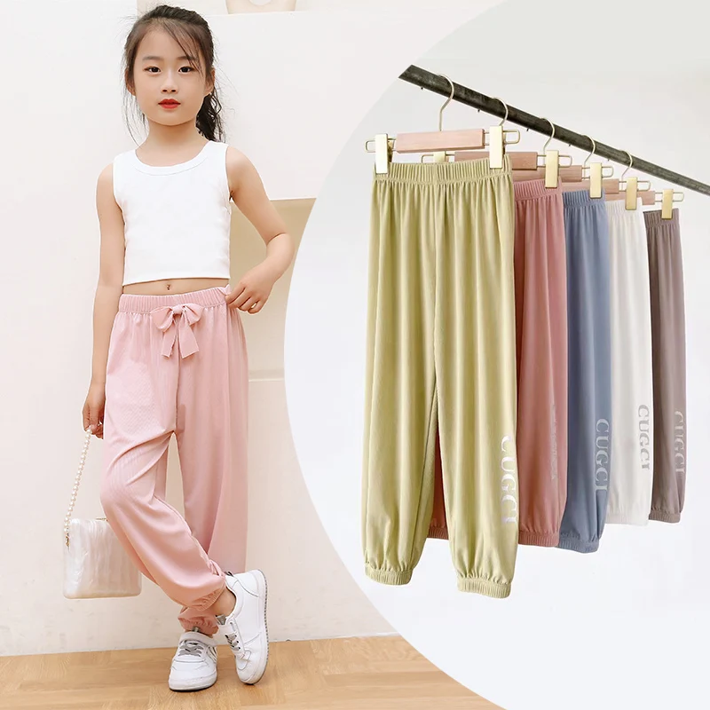 Children's waist bow mosquito pants summer with letters to close the feet spring and summer breathable ice silk casual pants