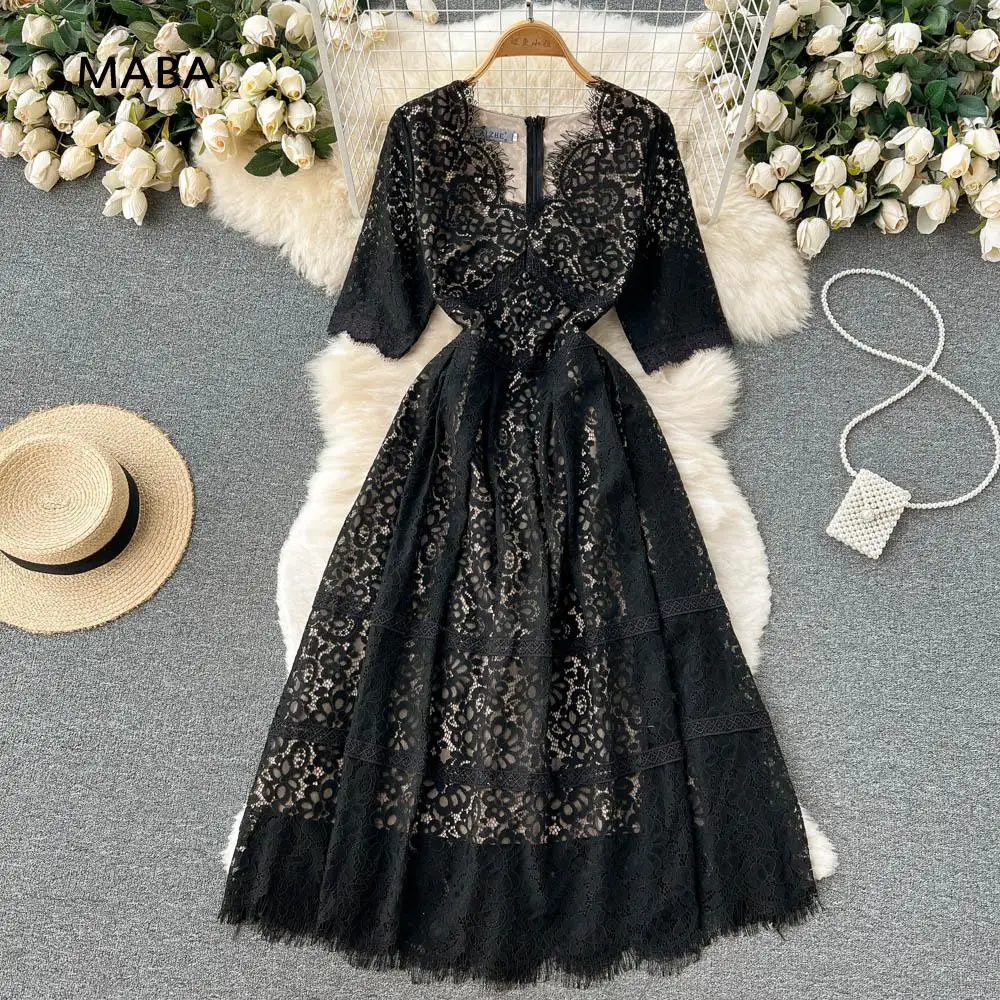 

Elegant Black Lace Dress Women 2022 Summer V-neck Short Sleeve High Waist Hollow Out Fashion Designer Office Lady Long Dresses