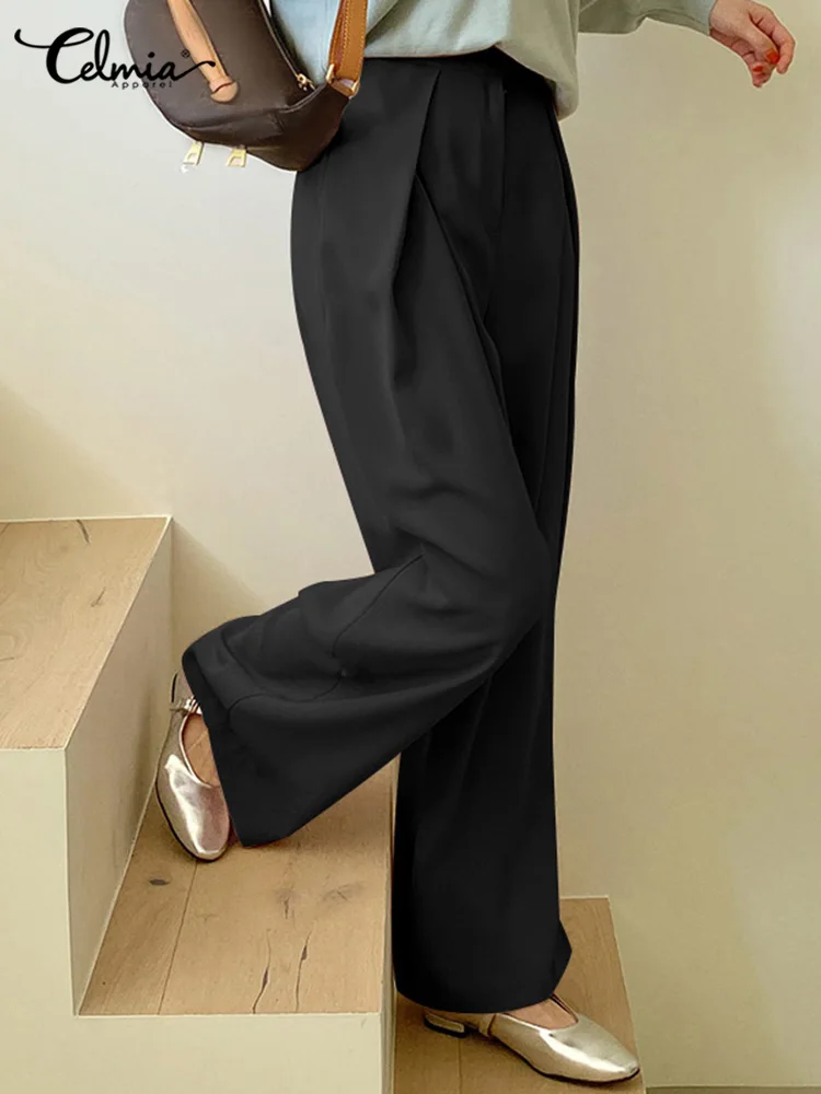 

Korean Style Celmia Women Wide Leg Pants Elegant Elastic High Waist Office Lady Pantalon Casual Loose Pleated Solid Long Trouser