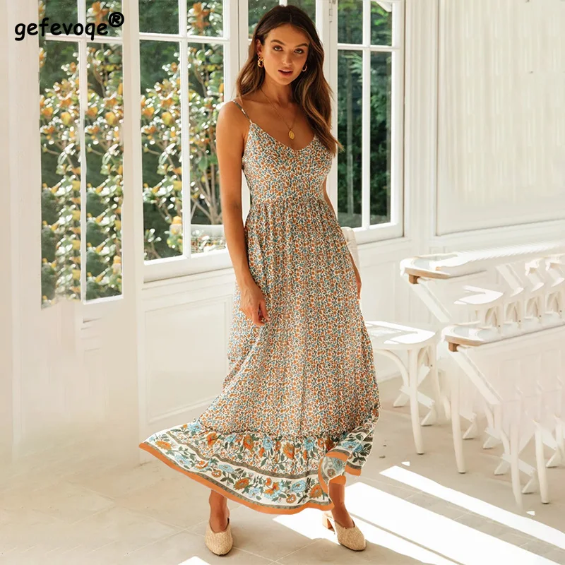 

Женское богемное сексуальное платье-комбинация с V-образным вырезом, Новинка лета 2022, женская одежда, модный элегантный винтажный длинный с...
