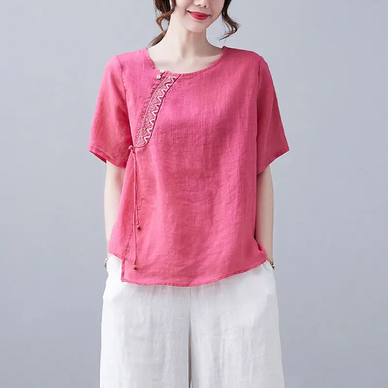 

New 2022 Summer Women Cotton Linen Embroidery Art Short Sleeve shirt Casual O-neck Loose Top T Shirt Women Clothes Versatile M26
