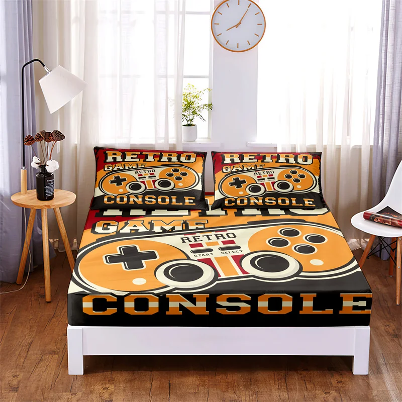 

3pc Polyester Game Handle Bedding Fitted Sheet Mattress Cover Four Corners with Elastic Band Non Slip Double Bed Sheet
