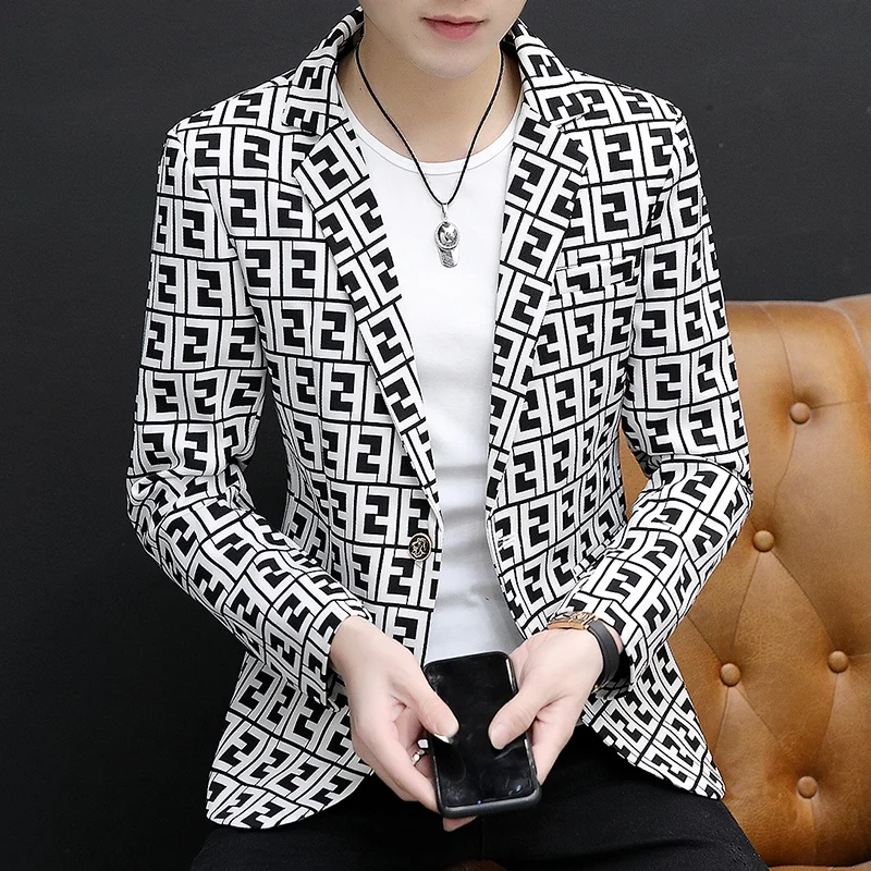 

2022 New Plaid Print Blazer Jacket Men Korean Trend Streetwear Mens Clothing Casual Suit Coat Male Slim Fit Blazer Masculino 3XL