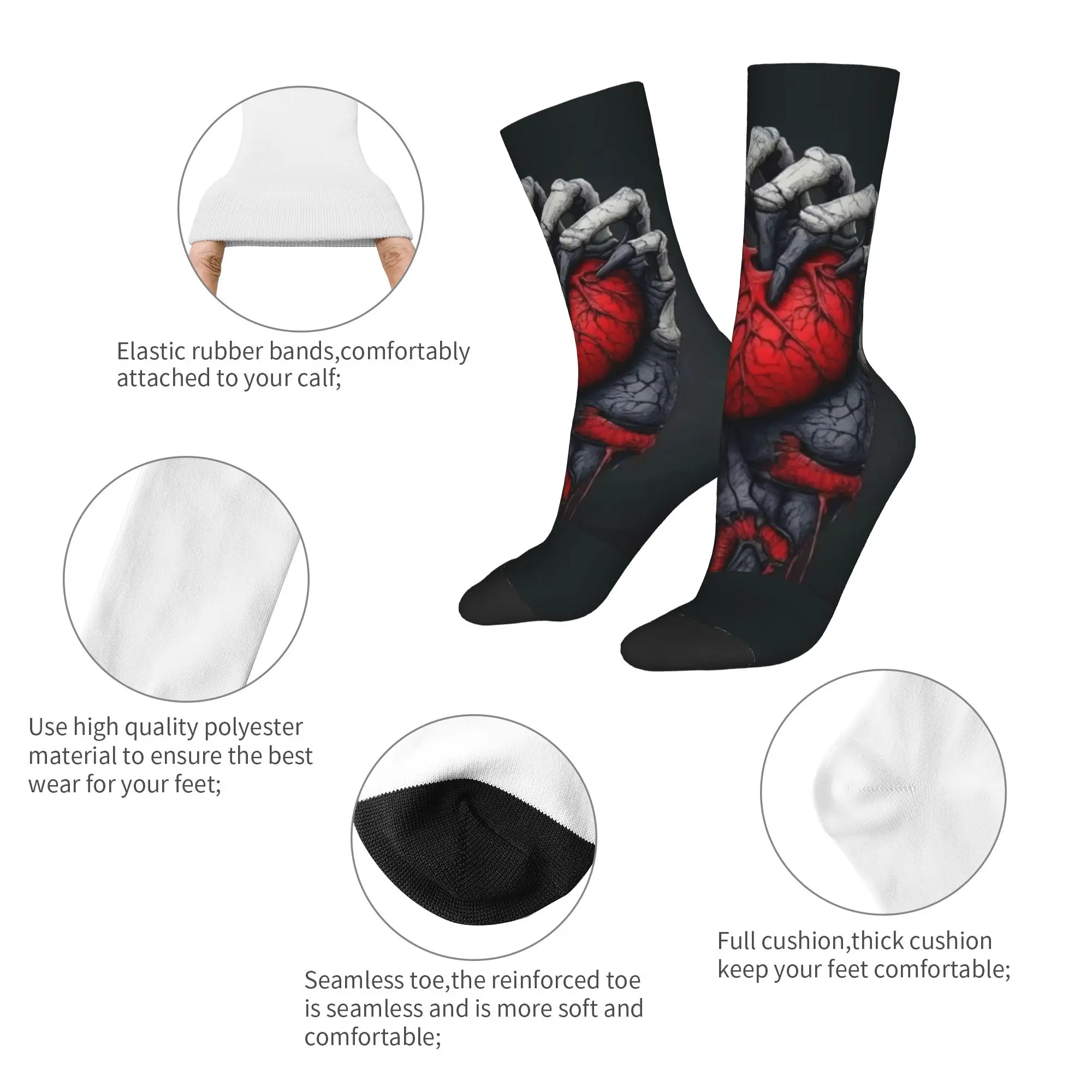 Фото Носки с индивидуальным модным принтом в стиле хоррор на Хэллоуин с изображением руки и сердца для женщин и мужчин, эластичные, для лета, осени и зимы. №5