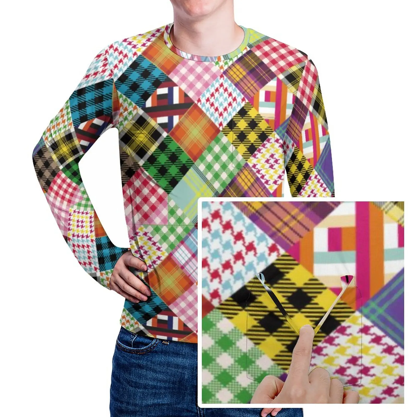 

Colorful Patchwork T-Shirt With Pocket Plaid Bohemian Print Trendy T-Shirts Men Classic Tshirt Long Sleeve Clothing Plus Size