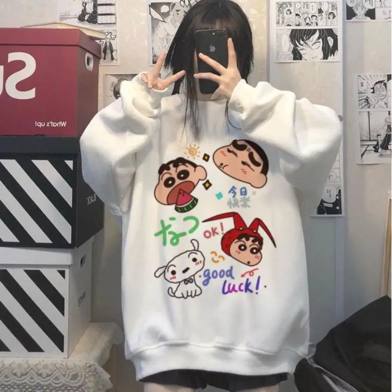 

Свитер Crayon Shin-Chan с круглым вырезом, женский свободный свитер с мультяшным принтом для студентов, повседневные толстовки, милый плюшевый аниме для пар, платье
