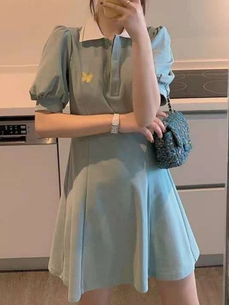 

Милое крутое платье-поло, женское нежное элегантное платье до колен с завышенной талией, женская летняя Милая юбка с вышивкой-бабочкой