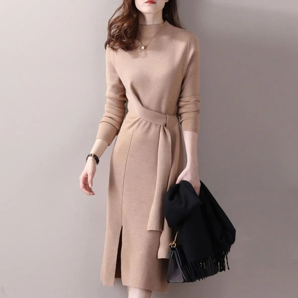 Women's Knitted Dress Single-breasted Autumn Winter Thicken Sweater Dress Female A-line Soft Elegant Pleated Vestidos R03