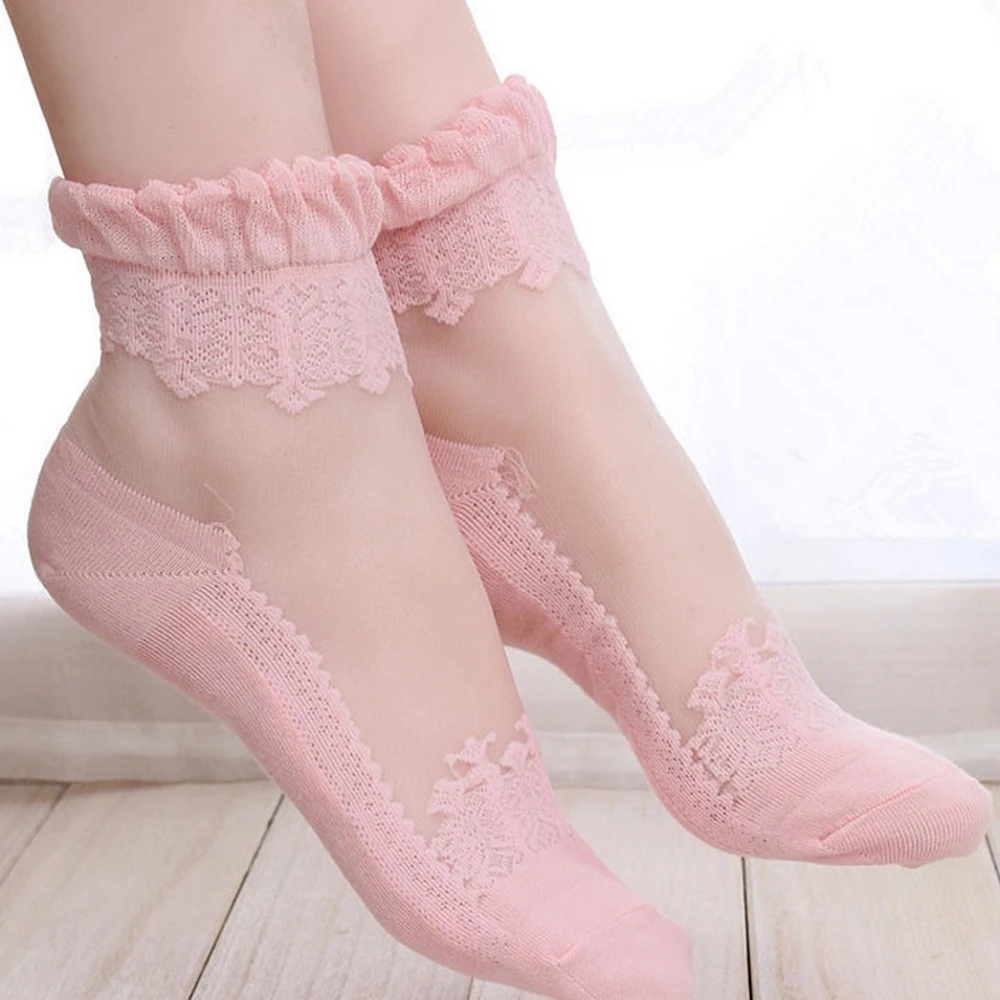 

Hot sales Colorful Ultrathin Transparent Beautiful Crystal Lace Elastic Short Women Socks Calcetines Pink Sock for Womens meias