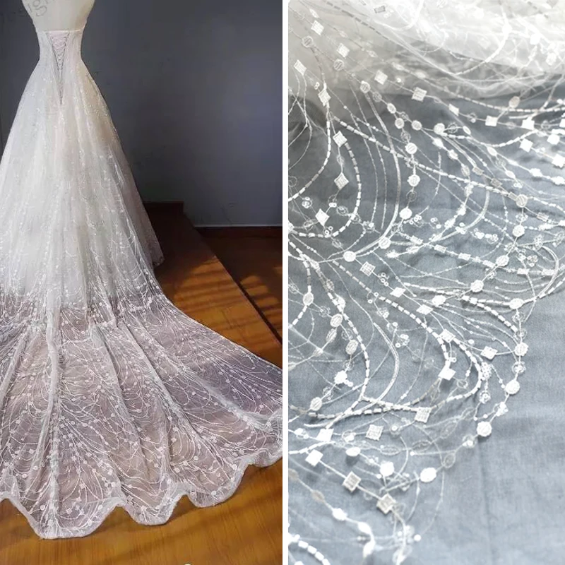 

Блестящая Прозрачная кружевная ткань с блестками, ширина 130 см, ткань для свадебного платья, доставка по всему миру L298
