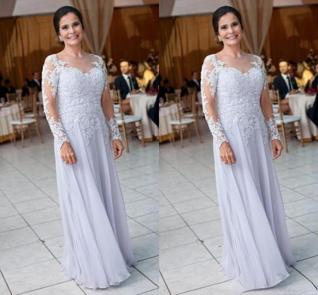 

Mother of the Bride Dresses with Long Sleeves Sheer Jewel Neck Mother Dresses with Lace Appliques Floor Length Evening Dresses