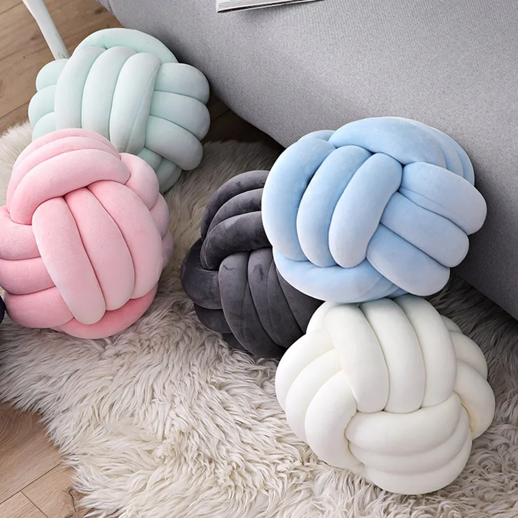 

Knotted Plush Ball Design Round Throw Pillow Home Bedroom Throw Pillow Woven Design Knot Pillow Velvet Cotton Knot Cushion