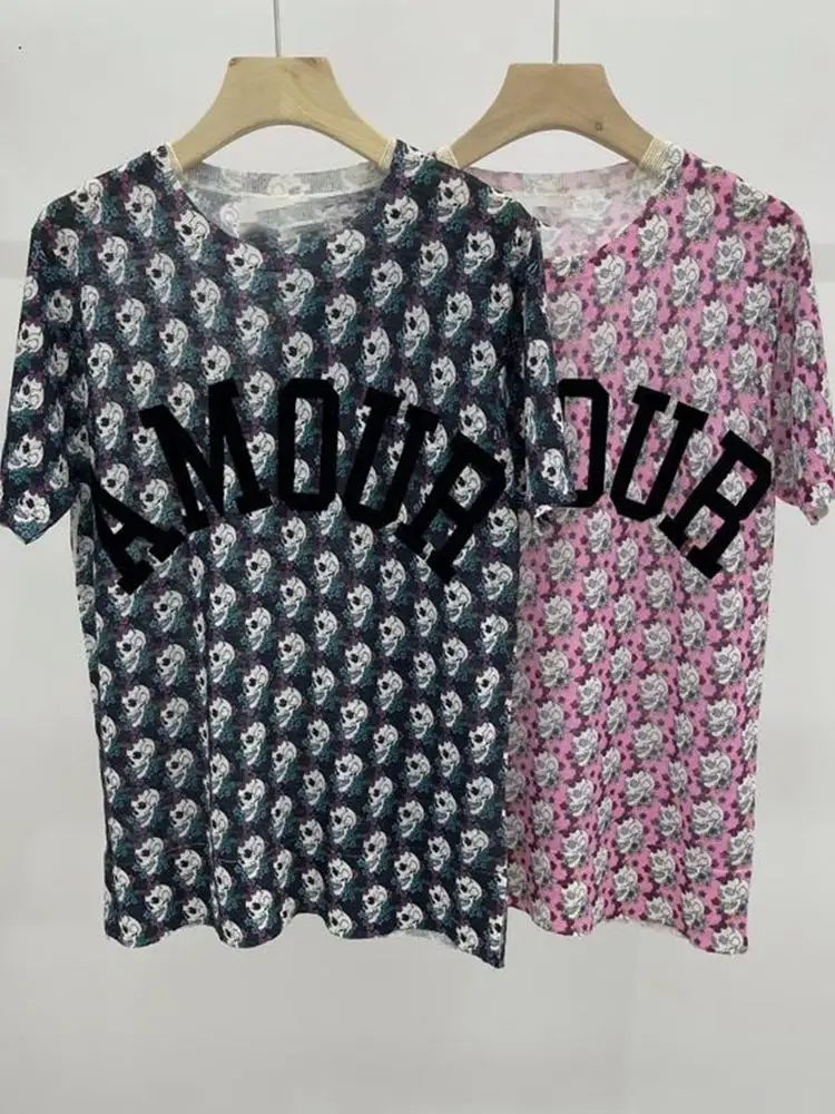 

2022 Early Spring New Skull Head High Temperature Digital Printing Linen Round Neck zv T-shirt Knitted Top Women