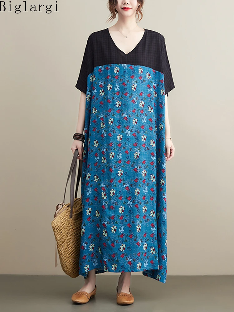 

Винтажное Хлопковое платье с принтом из конопли больших размеров, летнее свободное Повседневное платье большого размера для женщин, корейс...