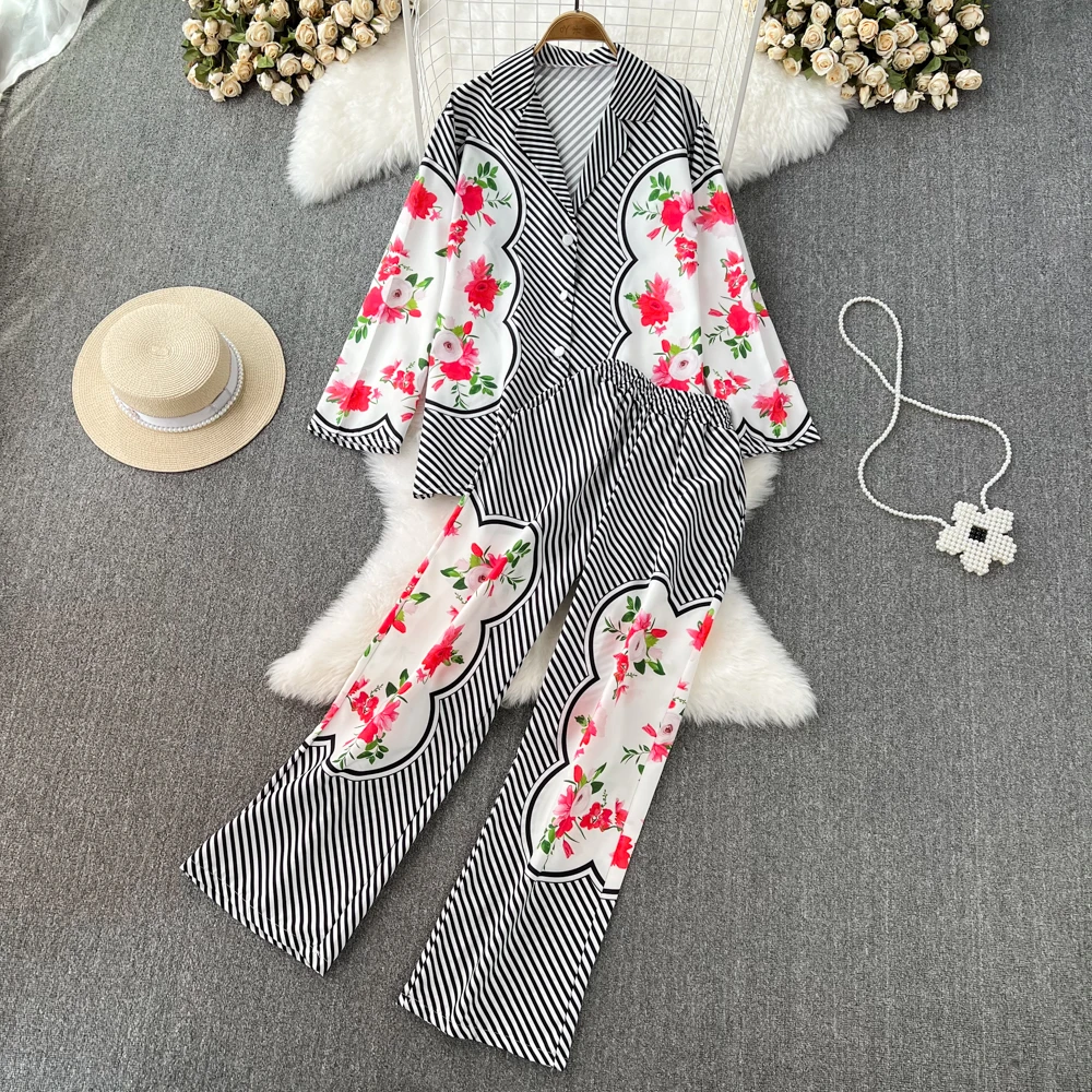 High-quality Printed Silk Pajamas Homewear Suit Loose Suit Jacket High Waist Wide Leg Pants Two-piece Set